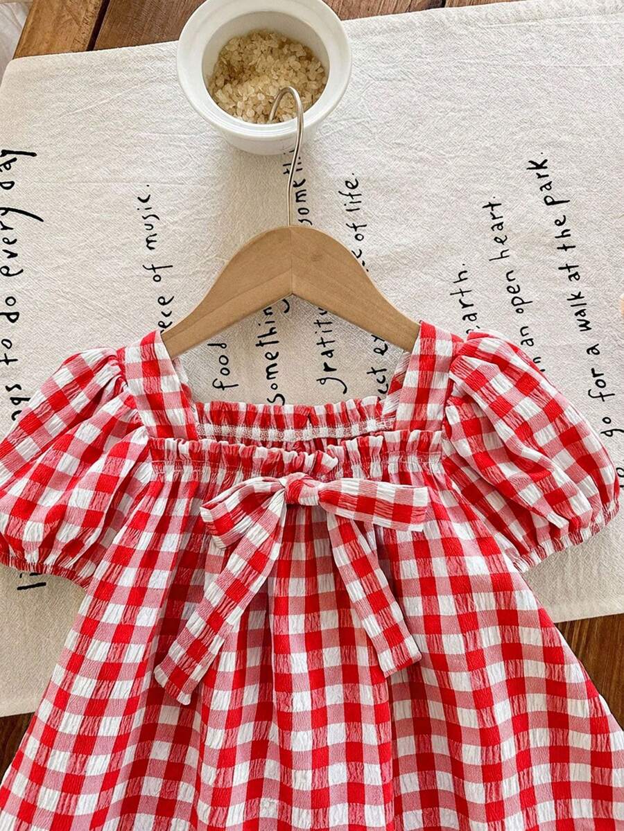 Baby Girl Plaid Bow Detail Short Sleeve Dress Cute Summer Vacation Outfit