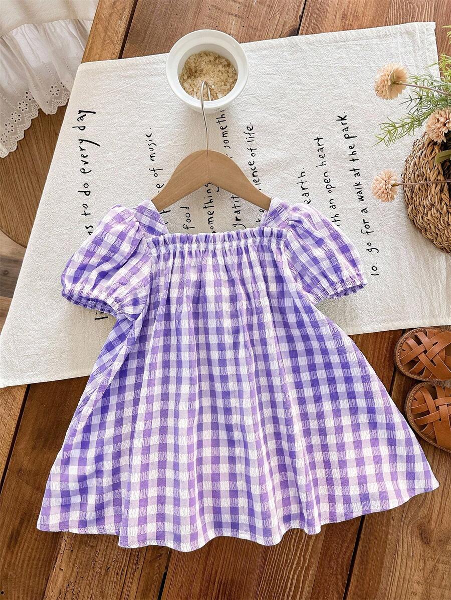 Green Plaid Short Sleeve Dress for Baby Girls - Cute Bow Accent Summer Outfit