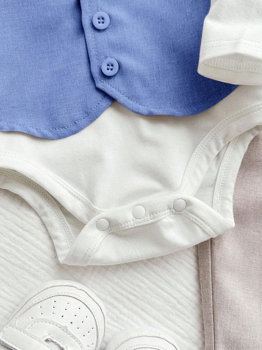 3pcs Baby Boy Preppy Outfit Set With Vest Jacket Bow Tie Romper And Pants