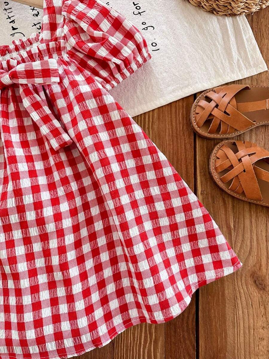Green Plaid Short Sleeve Dress for Baby Girls - Cute Bow Accent Summer Outfit