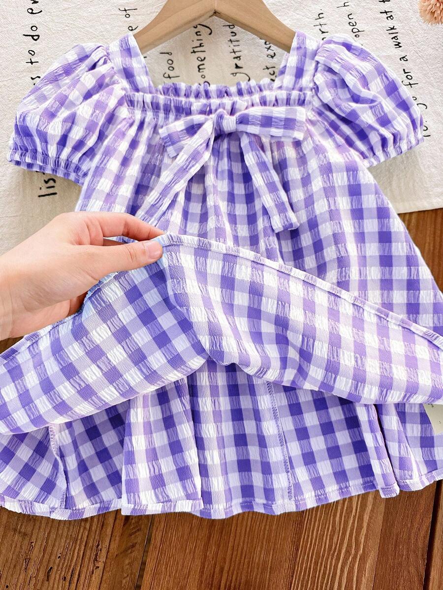 Baby Girl Plaid Bow Detail Short Sleeve Dress Cute Summer Vacation Outfit