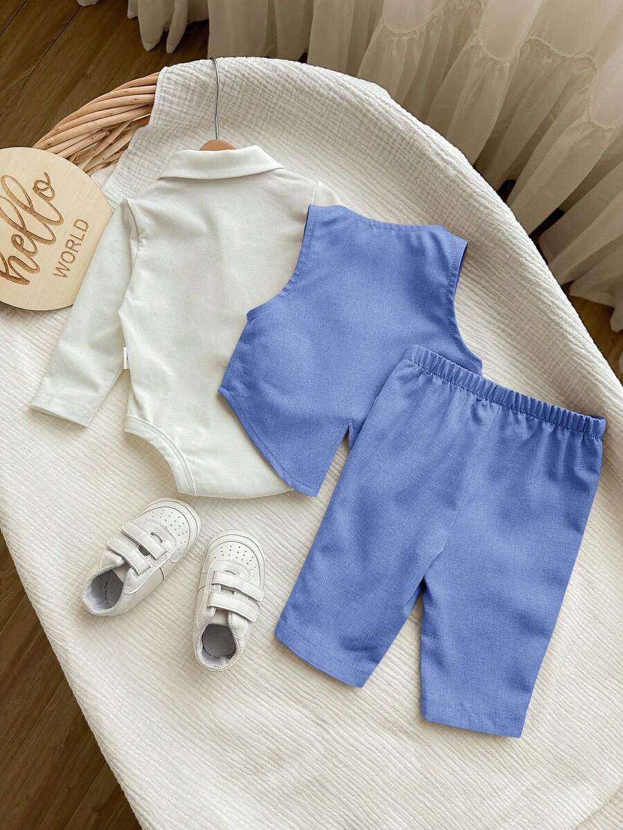3pcs Baby Boy Preppy Outfit Set With Vest Jacket Bow Tie Romper And Pants