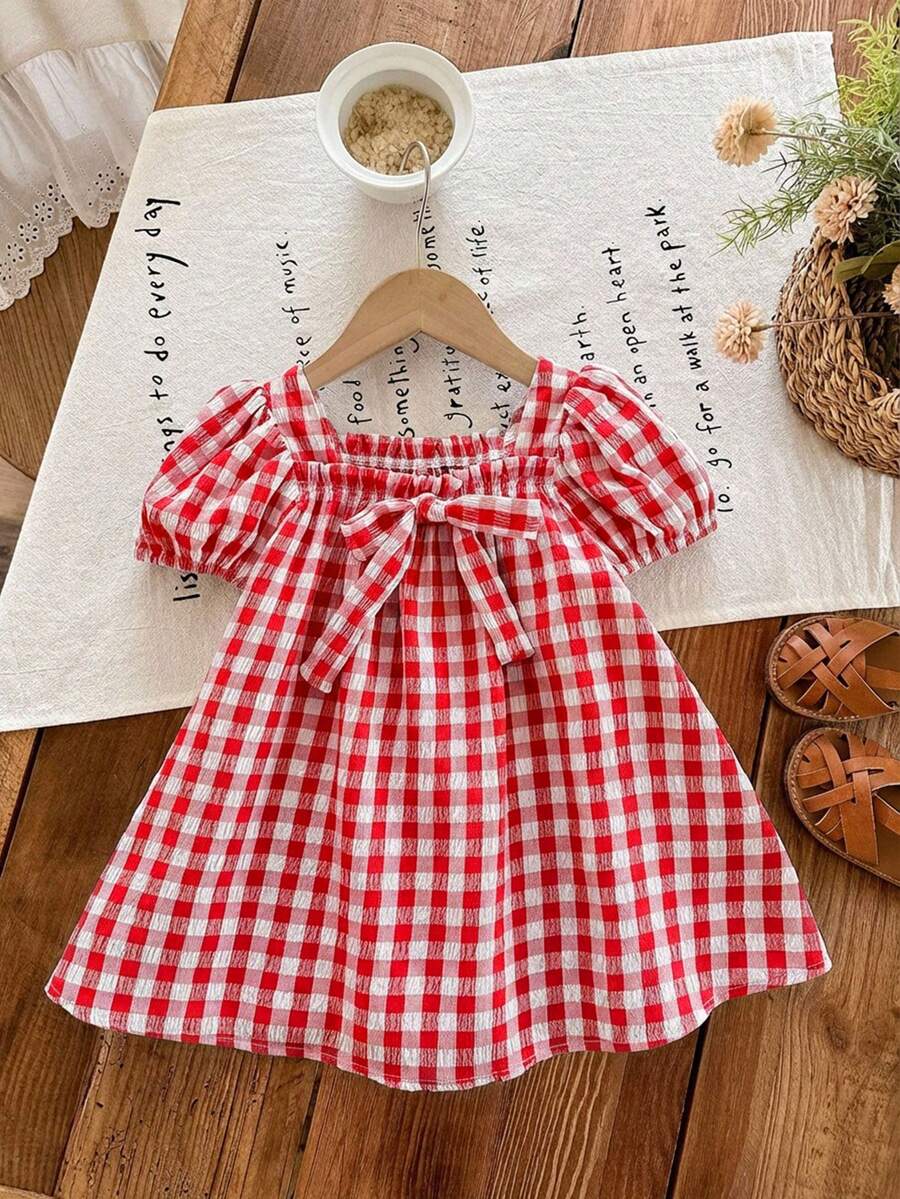 Green Plaid Short Sleeve Dress for Baby Girls - Cute Bow Accent Summer Outfit