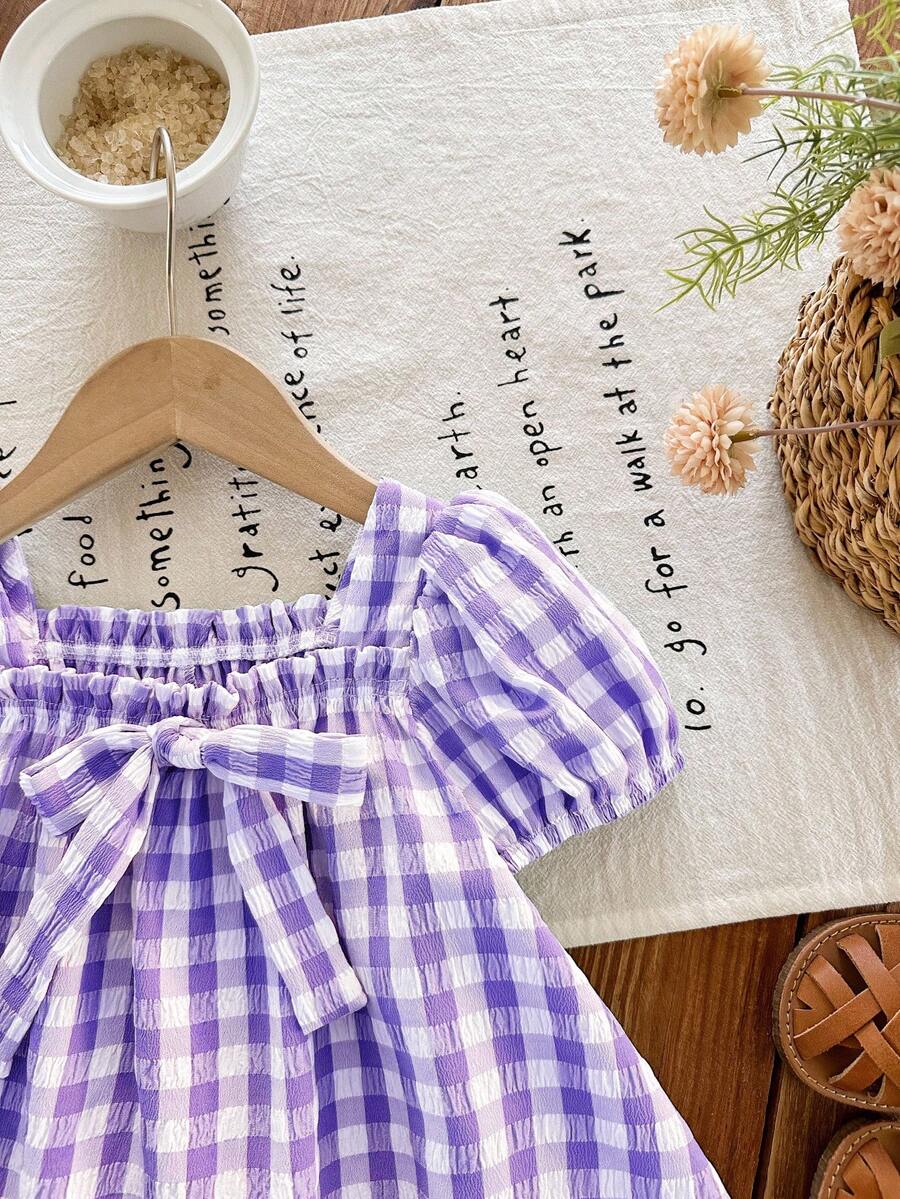 Baby Girl Plaid Bow Detail Short Sleeve Dress Cute Summer Vacation Outfit