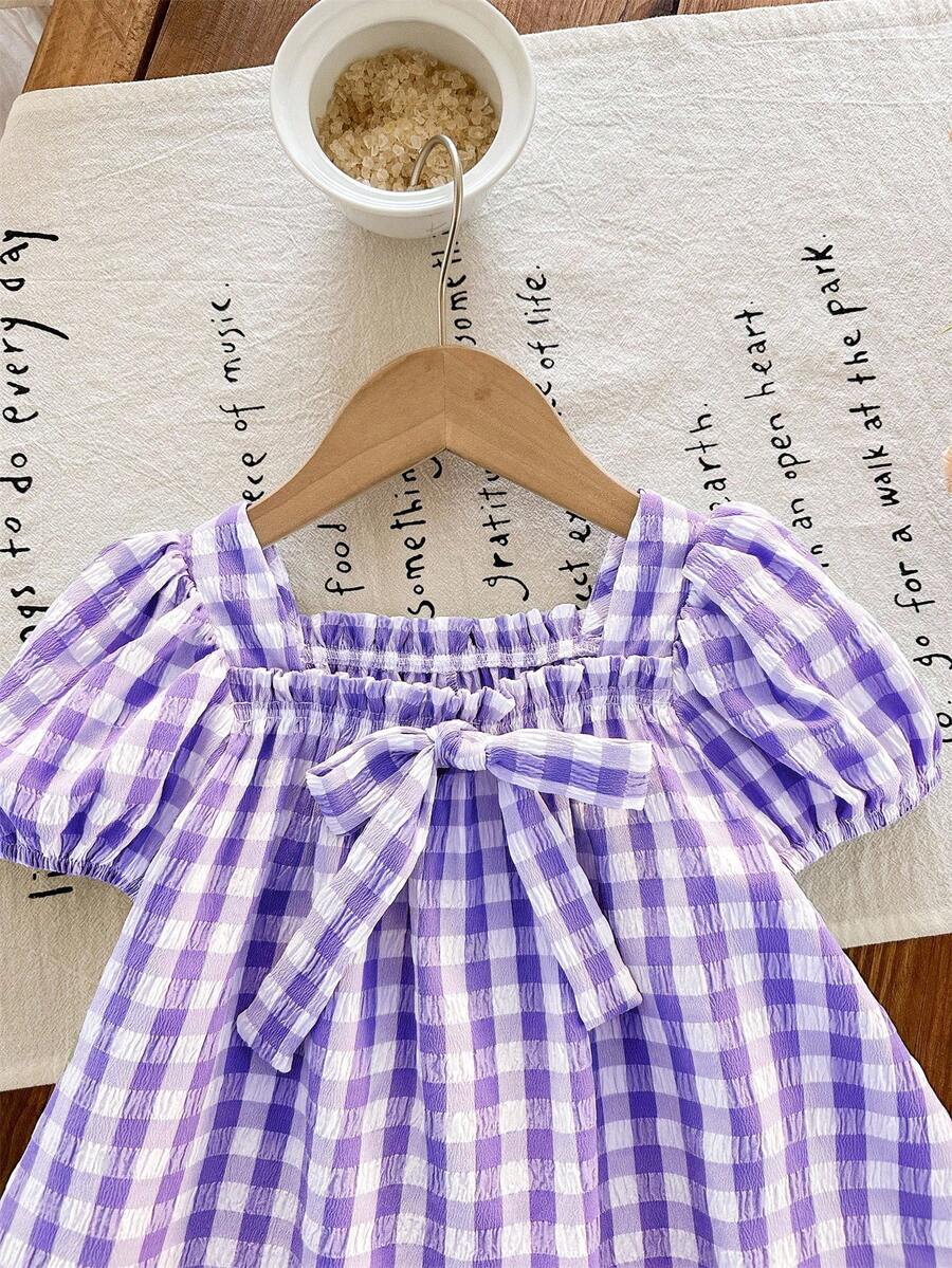 Baby Girl Plaid Bow Detail Short Sleeve Dress Cute Summer Vacation Outfit
