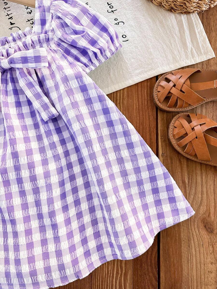 Baby Girl Plaid Bow Detail Short Sleeve Dress Cute Summer Vacation Outfit