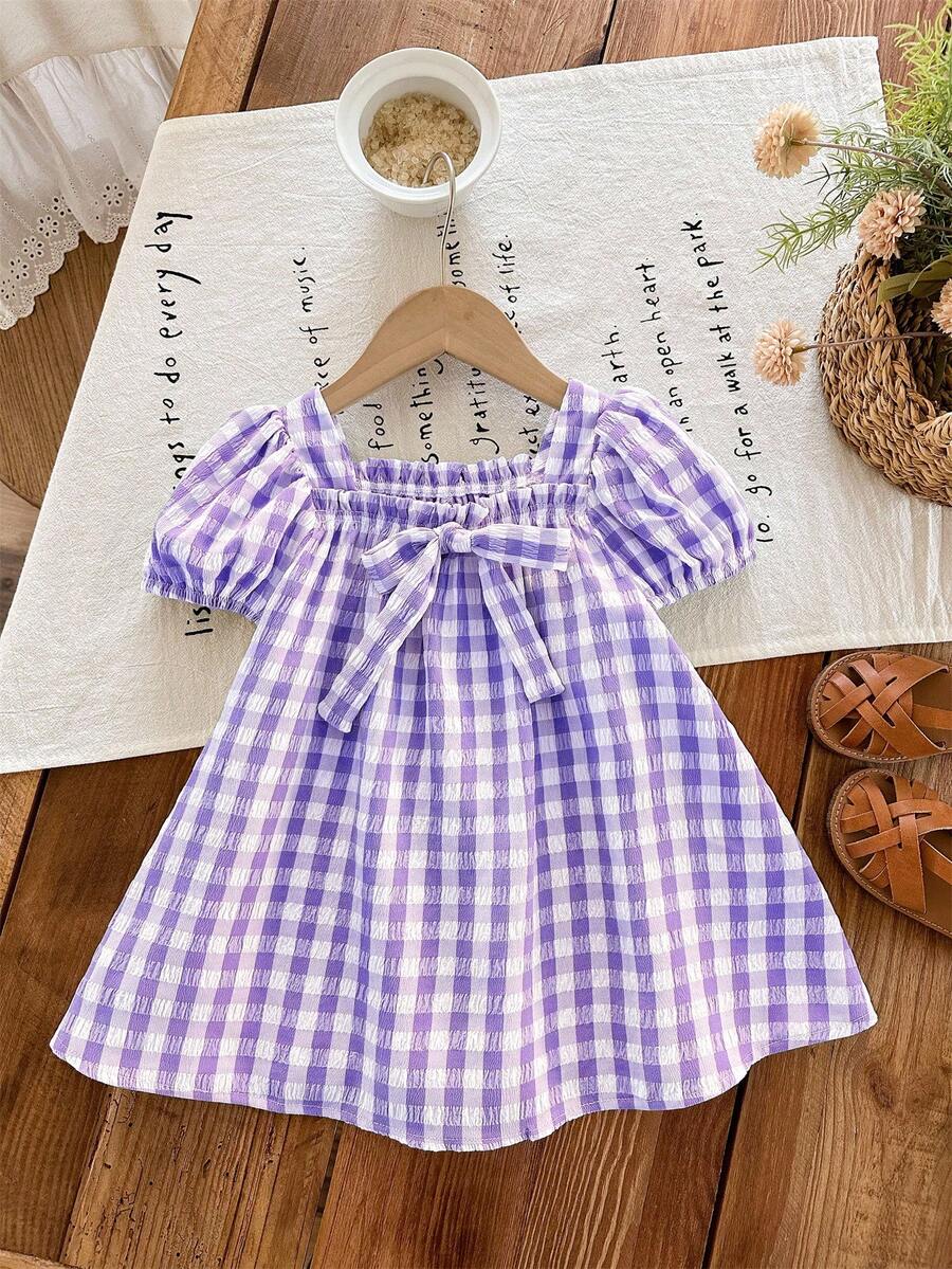 Green Plaid Short Sleeve Dress for Baby Girls - Cute Bow Accent Summer Outfit