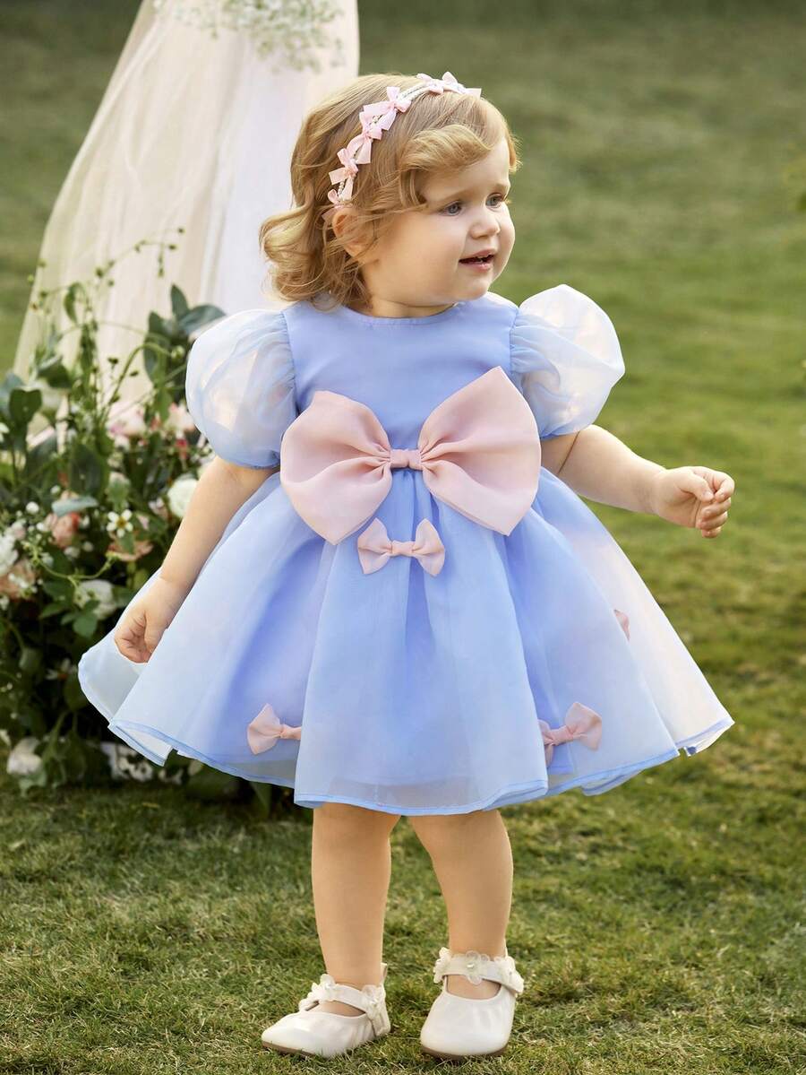 Pink Floral Mesh Embroidered Short Sleeve Dress for Baby Girls