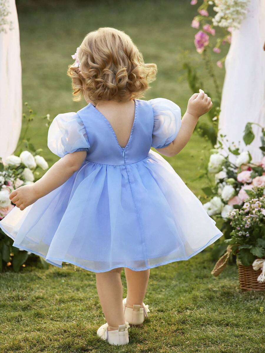 Pink Floral Mesh Embroidered Short Sleeve Dress for Baby Girls