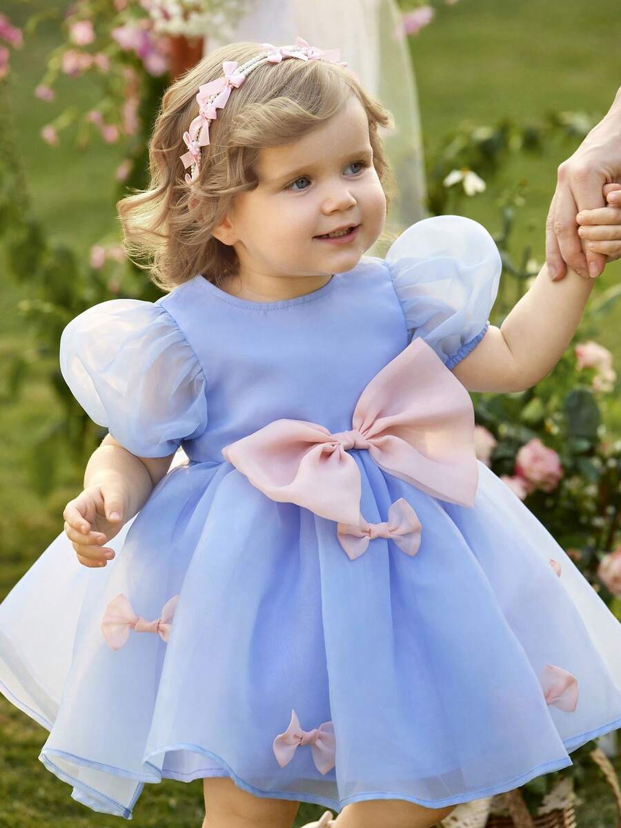 Pink Floral Mesh Embroidered Short Sleeve Dress for Baby Girls