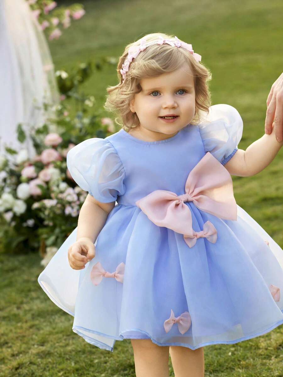 Pink Floral Mesh Embroidered Short Sleeve Dress for Baby Girls