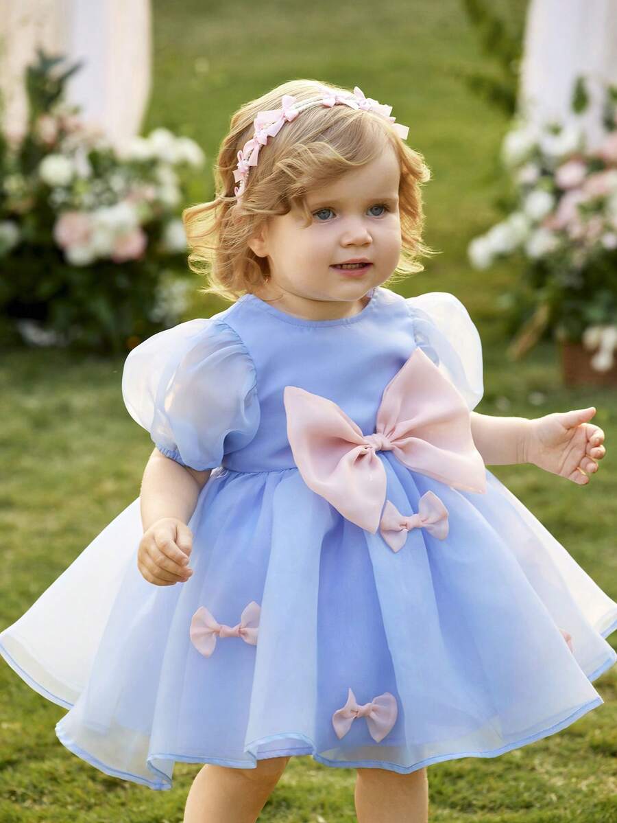 Pink Floral Mesh Embroidered Short Sleeve Dress for Baby Girls