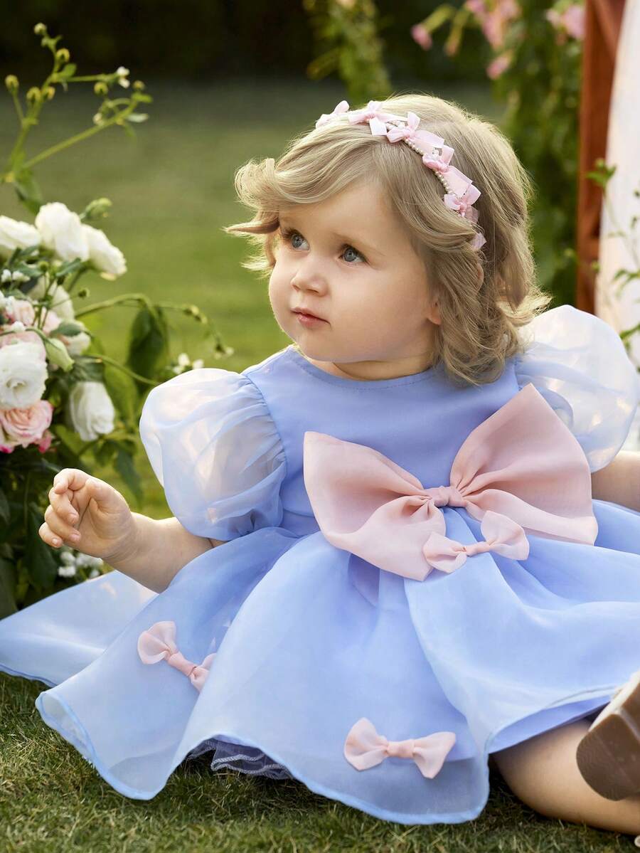 Pink Floral Mesh Embroidered Short Sleeve Dress for Baby Girls
