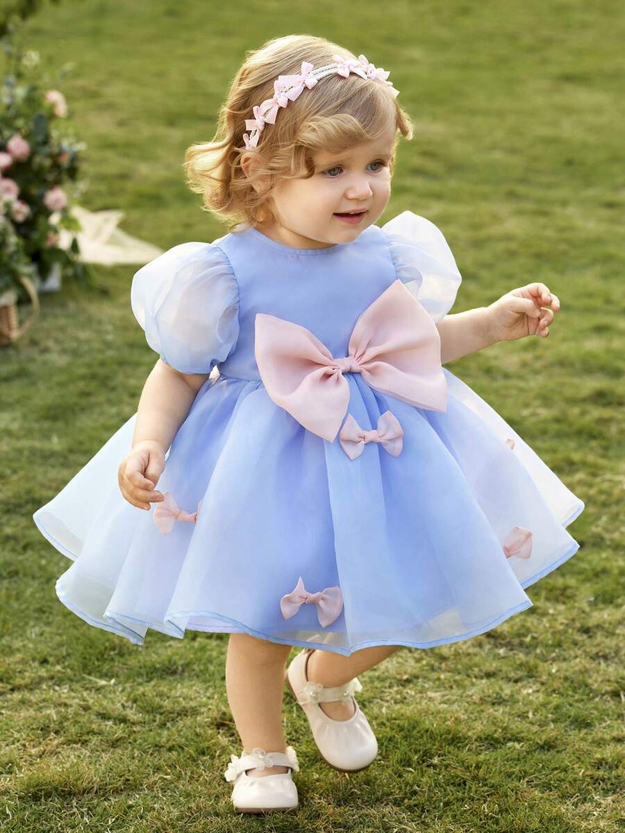 Pink Floral Mesh Embroidered Short Sleeve Dress for Baby Girls
