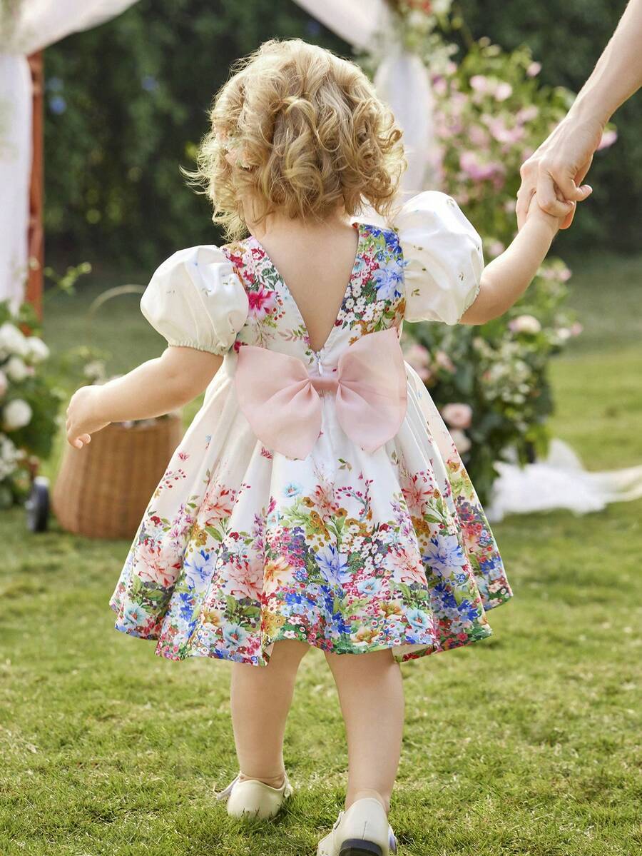 Pink Floral Mesh Embroidered Short Sleeve Dress for Baby Girls