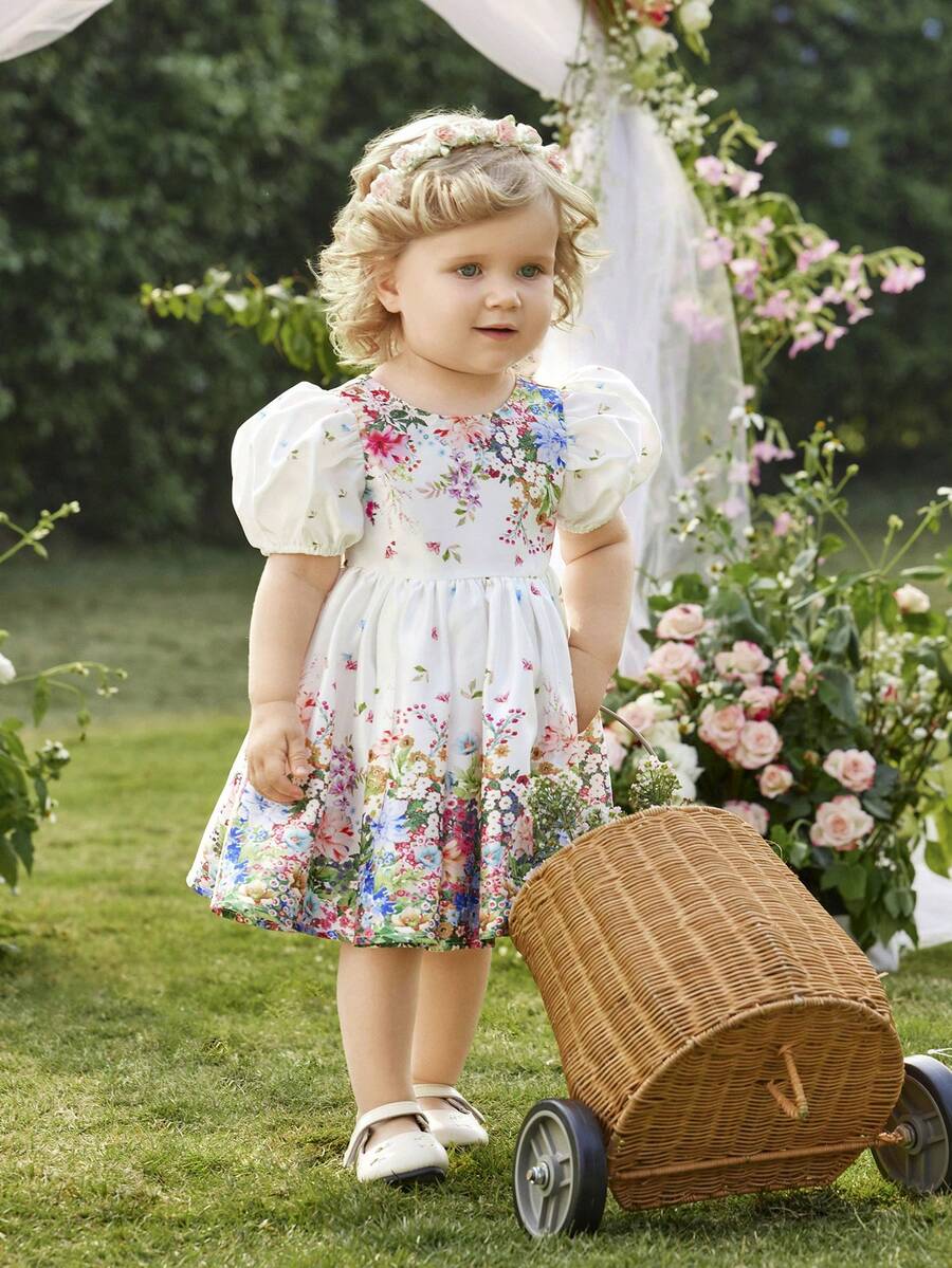 Pink Floral Mesh Embroidered Short Sleeve Dress for Baby Girls