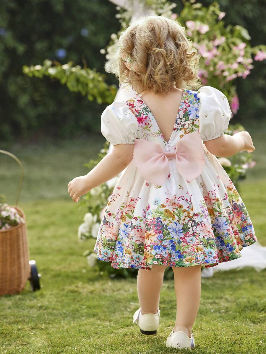 Pink Floral Mesh Embroidered Short Sleeve Dress for Baby Girls