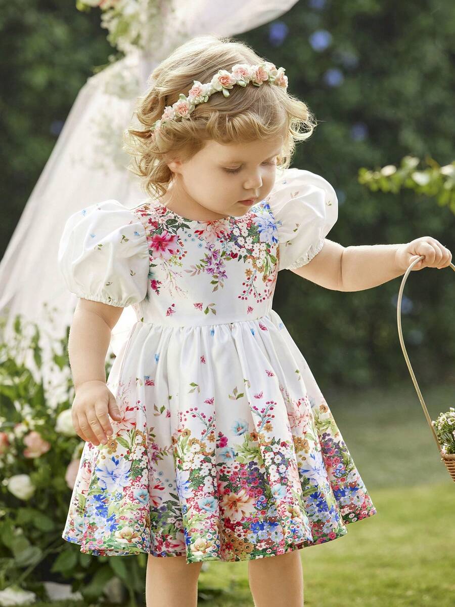 Pink Floral Mesh Embroidered Short Sleeve Dress for Baby Girls