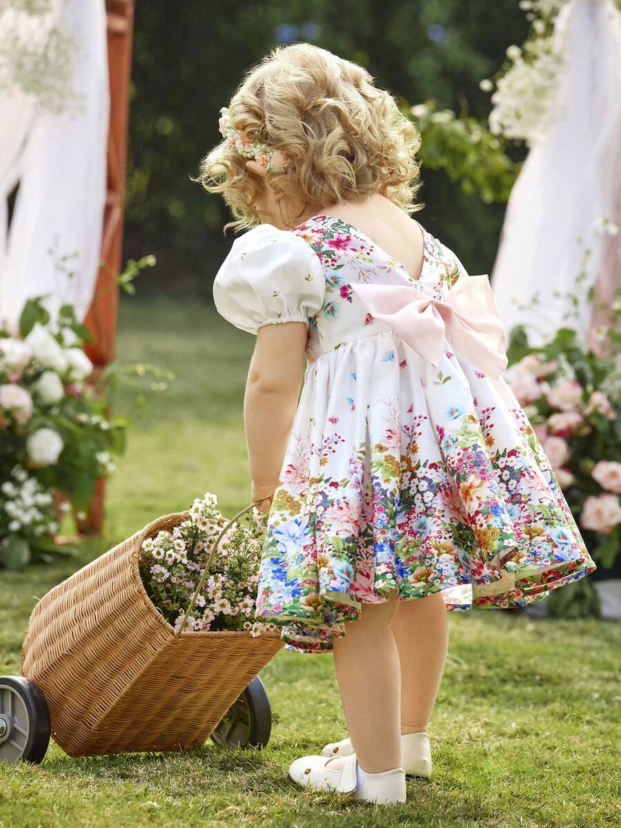 Pink Floral Mesh Embroidered Short Sleeve Dress for Baby Girls