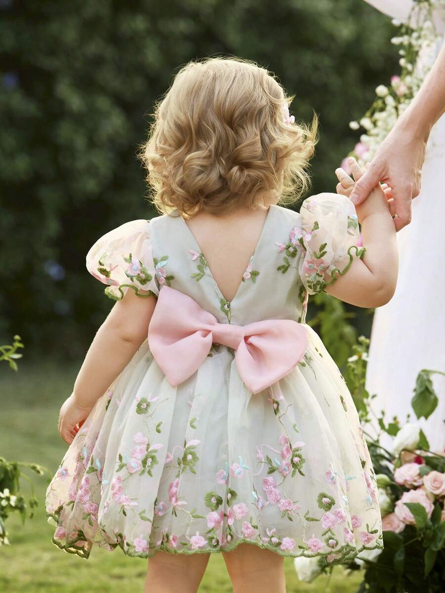 Pink Floral Mesh Embroidered Short Sleeve Dress for Baby Girls
