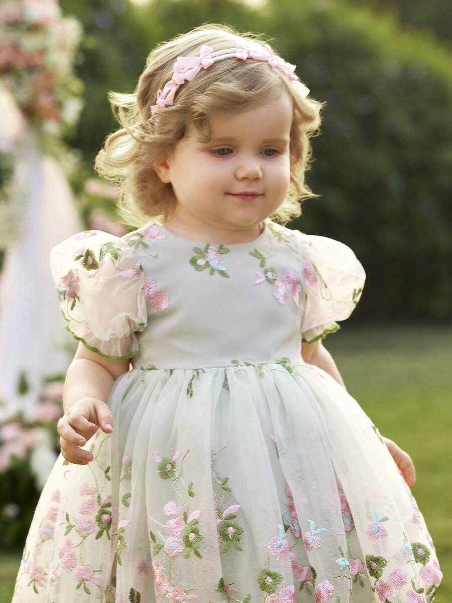 Pink Floral Mesh Embroidered Short Sleeve Dress for Baby Girls
