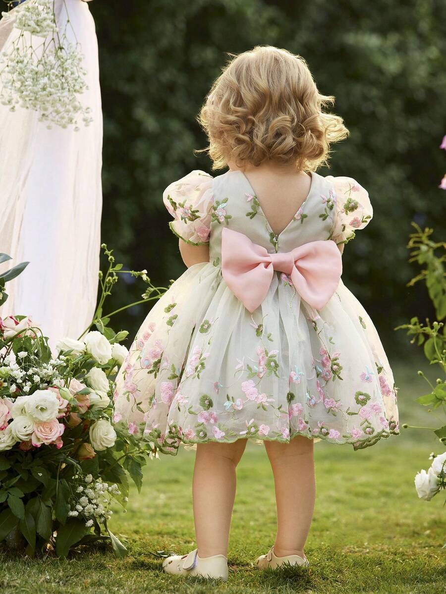 Pink Floral Mesh Embroidered Short Sleeve Dress for Baby Girls