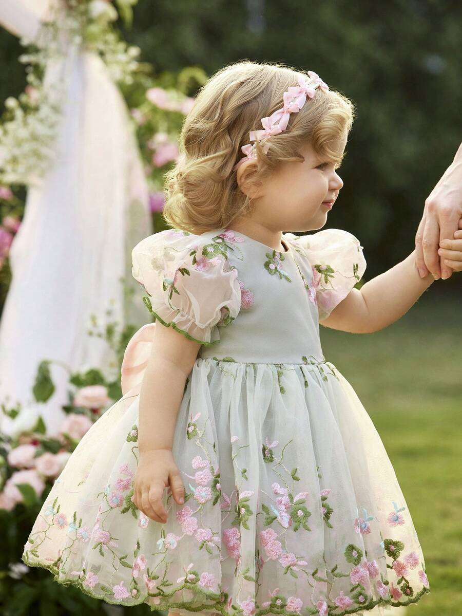 Pink Floral Mesh Embroidered Short Sleeve Dress for Baby Girls