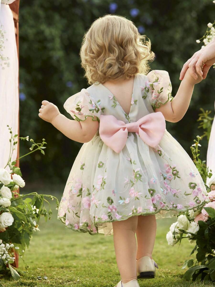 Pink Floral Mesh Embroidered Short Sleeve Dress for Baby Girls