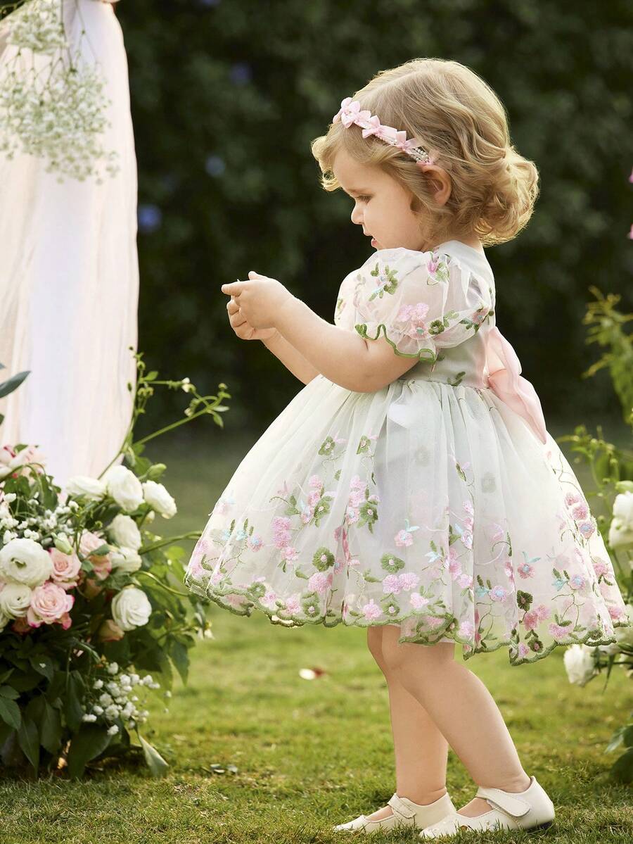 Pink Floral Mesh Embroidered Short Sleeve Dress for Baby Girls
