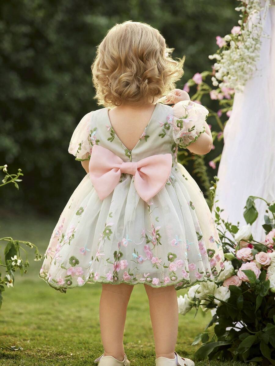 Pink Floral Mesh Embroidered Short Sleeve Dress for Baby Girls