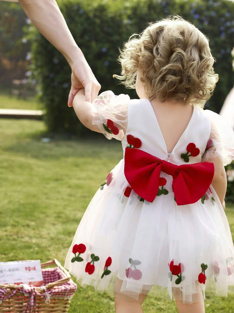 Pink Floral Mesh Embroidered Short Sleeve Dress for Baby Girls