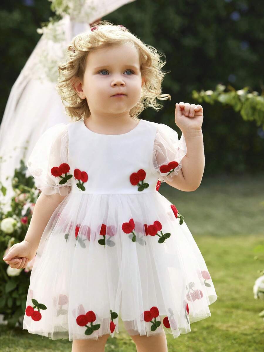 Pink Floral Mesh Embroidered Short Sleeve Dress for Baby Girls