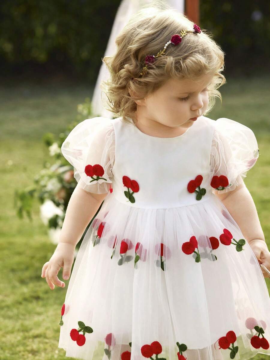 Pink Floral Mesh Embroidered Short Sleeve Dress for Baby Girls