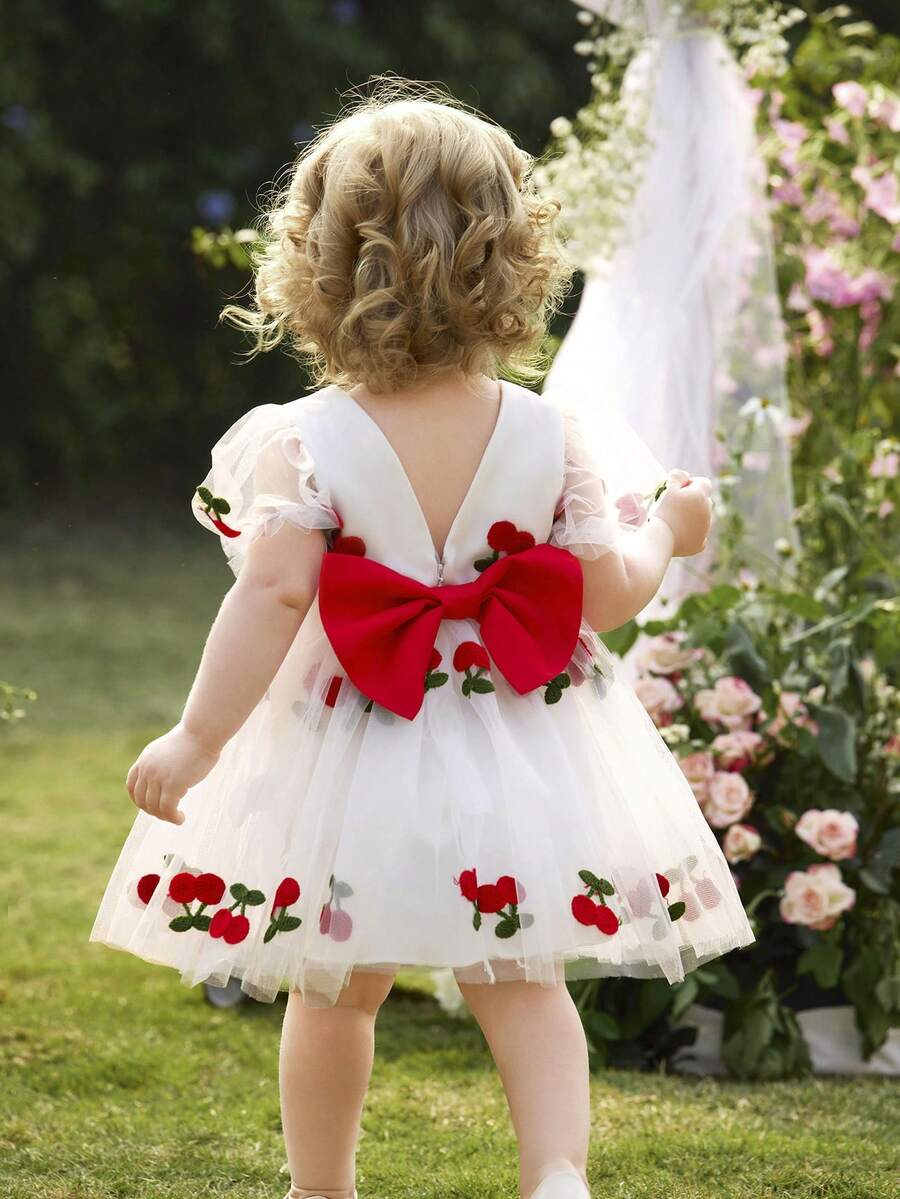 Pink Floral Mesh Embroidered Short Sleeve Dress for Baby Girls