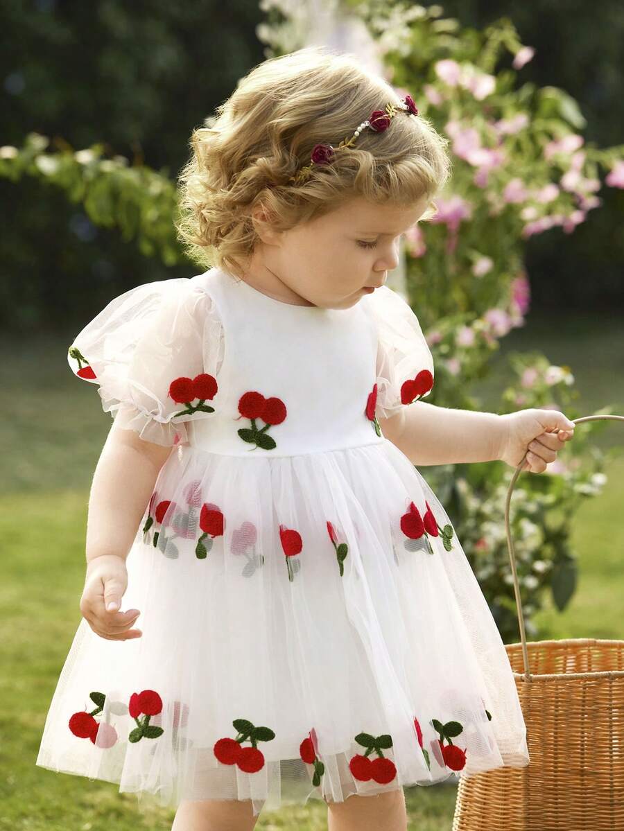 Pink Floral Mesh Embroidered Short Sleeve Dress for Baby Girls