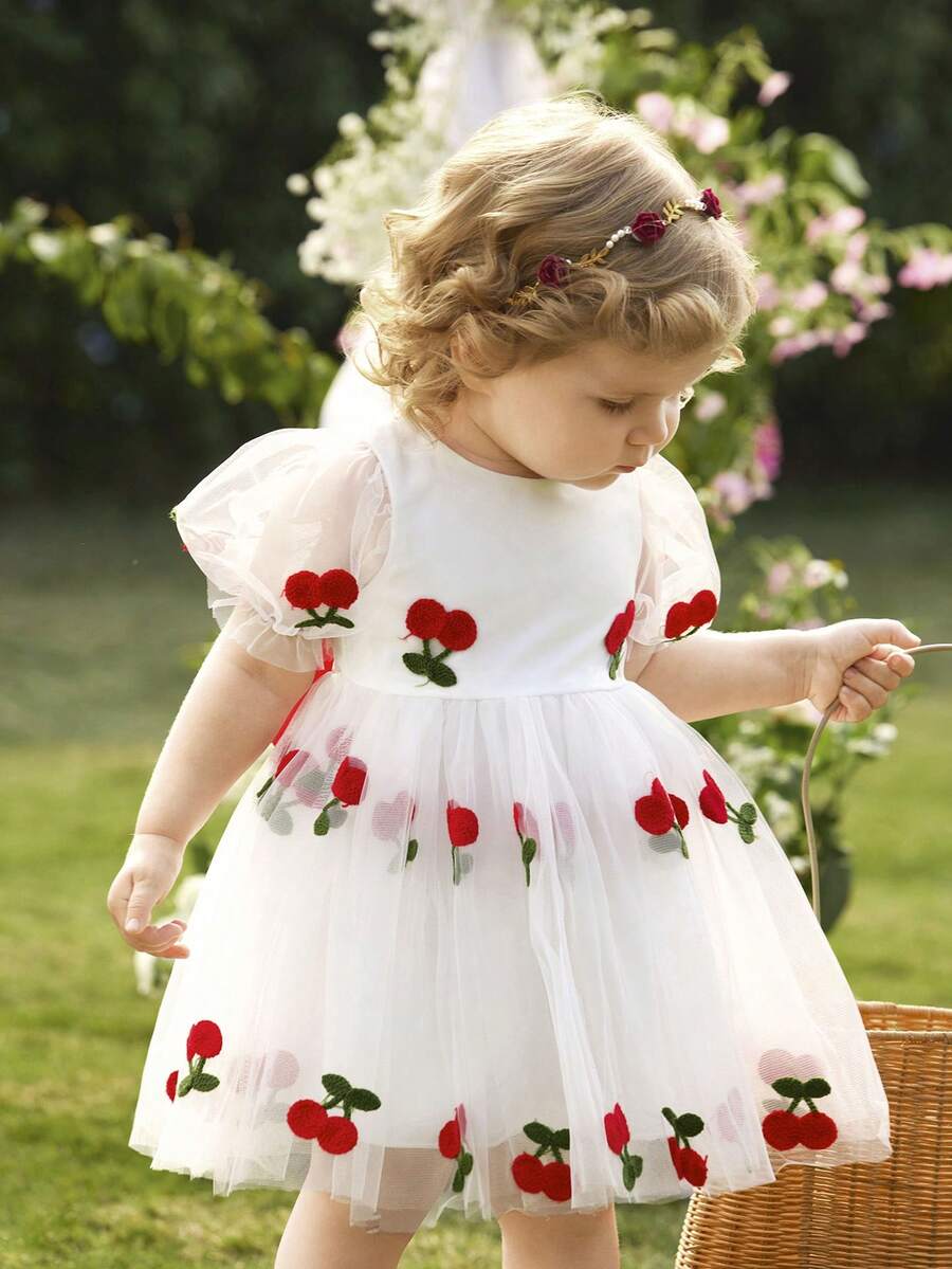 Pink Floral Mesh Embroidered Short Sleeve Dress for Baby Girls