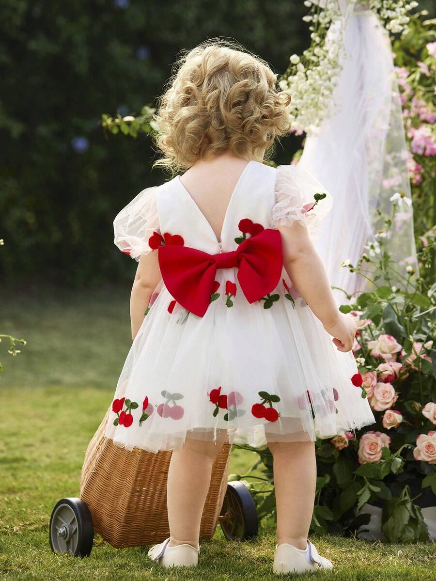 Pink Floral Mesh Embroidered Short Sleeve Dress for Baby Girls