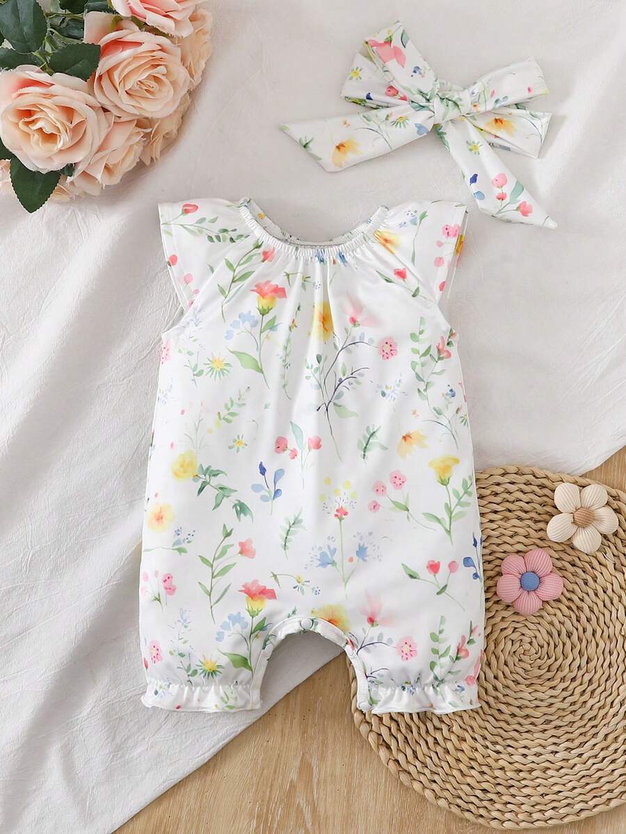 Floral Print Ruffle Baby Girl Romper for Casual Everyday Wear