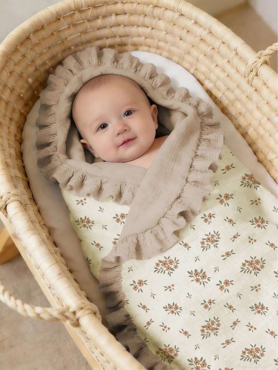 Floral Baby Cotton Blanket Soft Ruffle Edge Receiving Blanket for Newborns and Infants