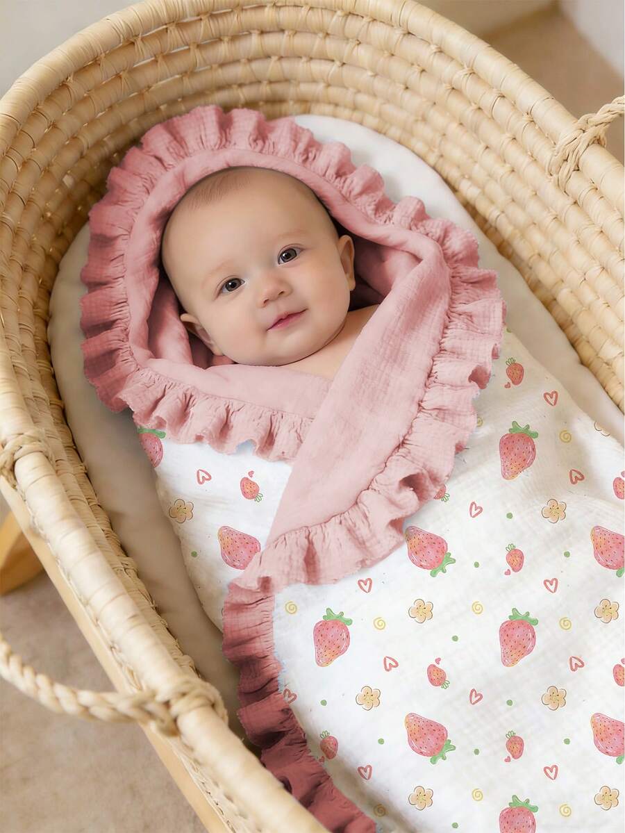 Floral Baby Cotton Blanket Soft Ruffle Edge Receiving Blanket for Newborns and Infants