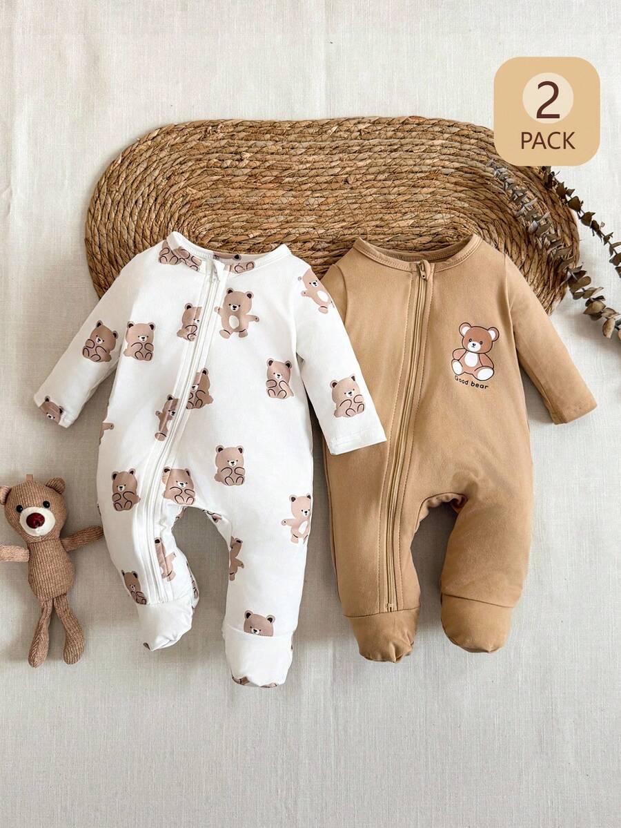 2PCS Baby Elephant Print Long Sleeve Romper Set for Cozy Autumn and Winter Wear