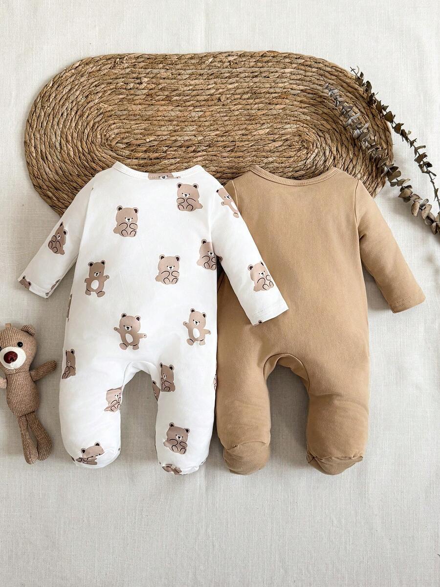 2PCS Baby Elephant Print Long Sleeve Romper Set for Cozy Autumn and Winter Wear
