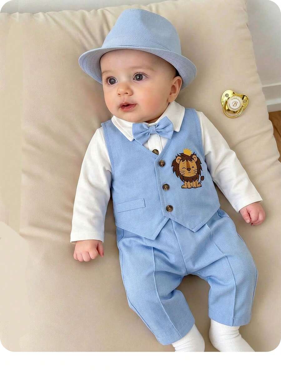3pcs Baby Boy Preppy Outfit Set With Vest Jacket Bow Tie Romper And Pants