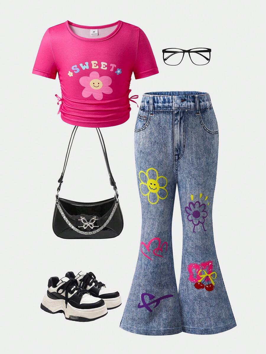 Spring Summer Flare Pants Outfit For Little Girls With Bow Print Design