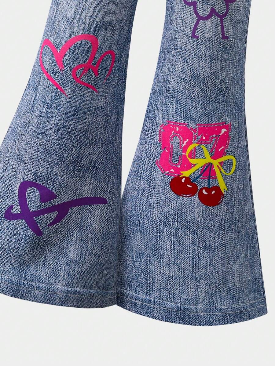 Spring Summer Flare Pants Outfit For Little Girls With Bow Print Design