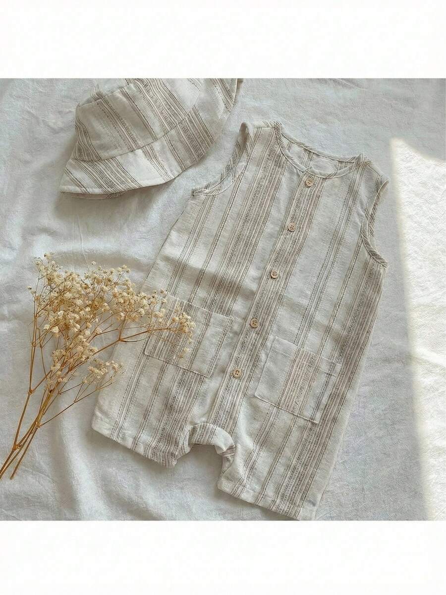 Baby Boy White Sleeveless Romper with Pockets Casual Short Jumpsuit for Everyday Wear