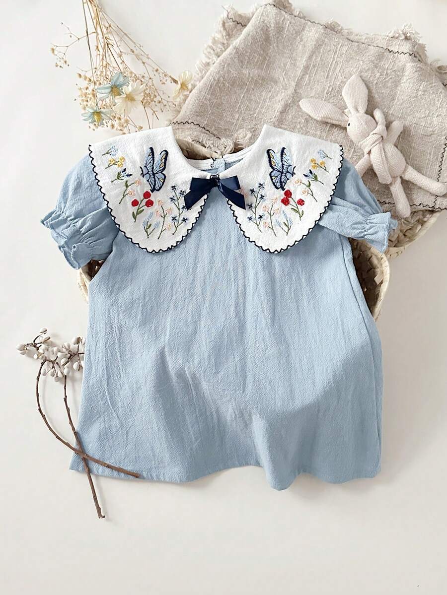 Infant Girl Peter Pan Collar Floral Embroidered Summer Dress for Casual Wear