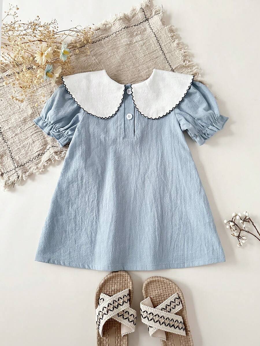 Infant Girl Peter Pan Collar Floral Embroidered Summer Dress for Casual Wear