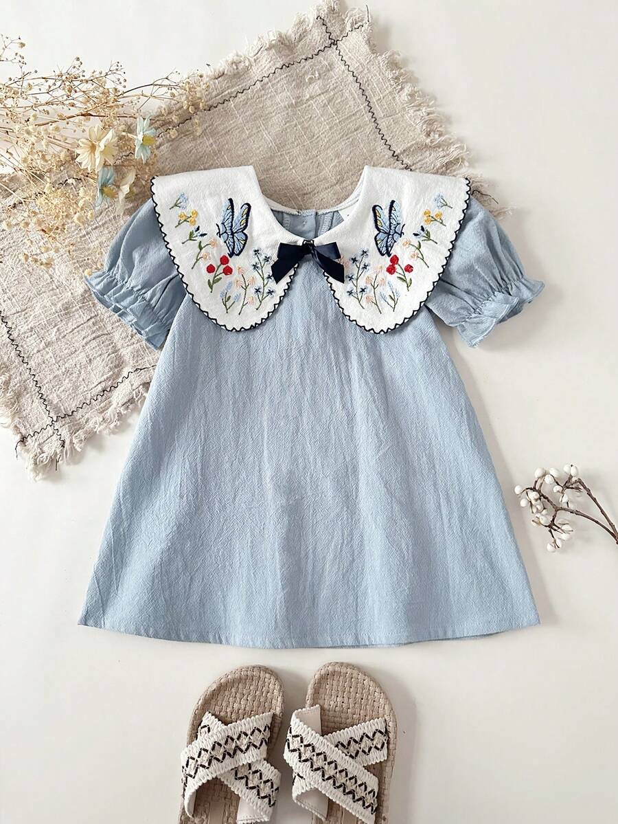 Infant Girl Peter Pan Collar Floral Embroidered Summer Dress for Casual Wear