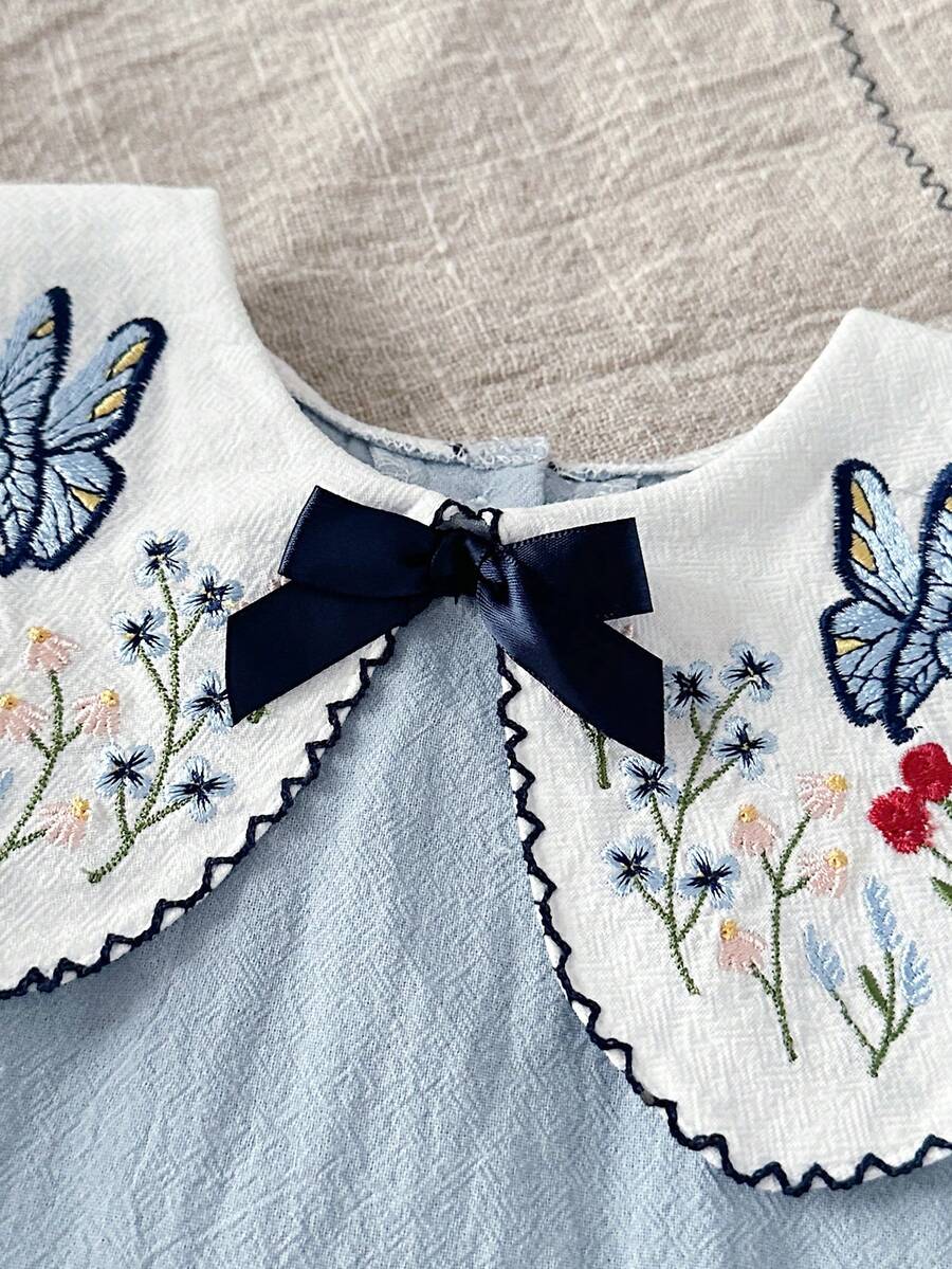 Infant Girl Peter Pan Collar Floral Embroidered Summer Dress for Casual Wear